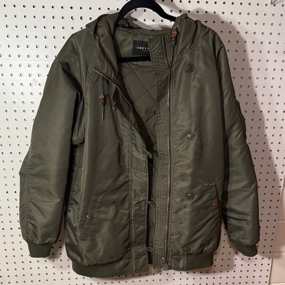 Obey No 89 Propaganda Olive Oversize Military Bomber Hooded Jacket